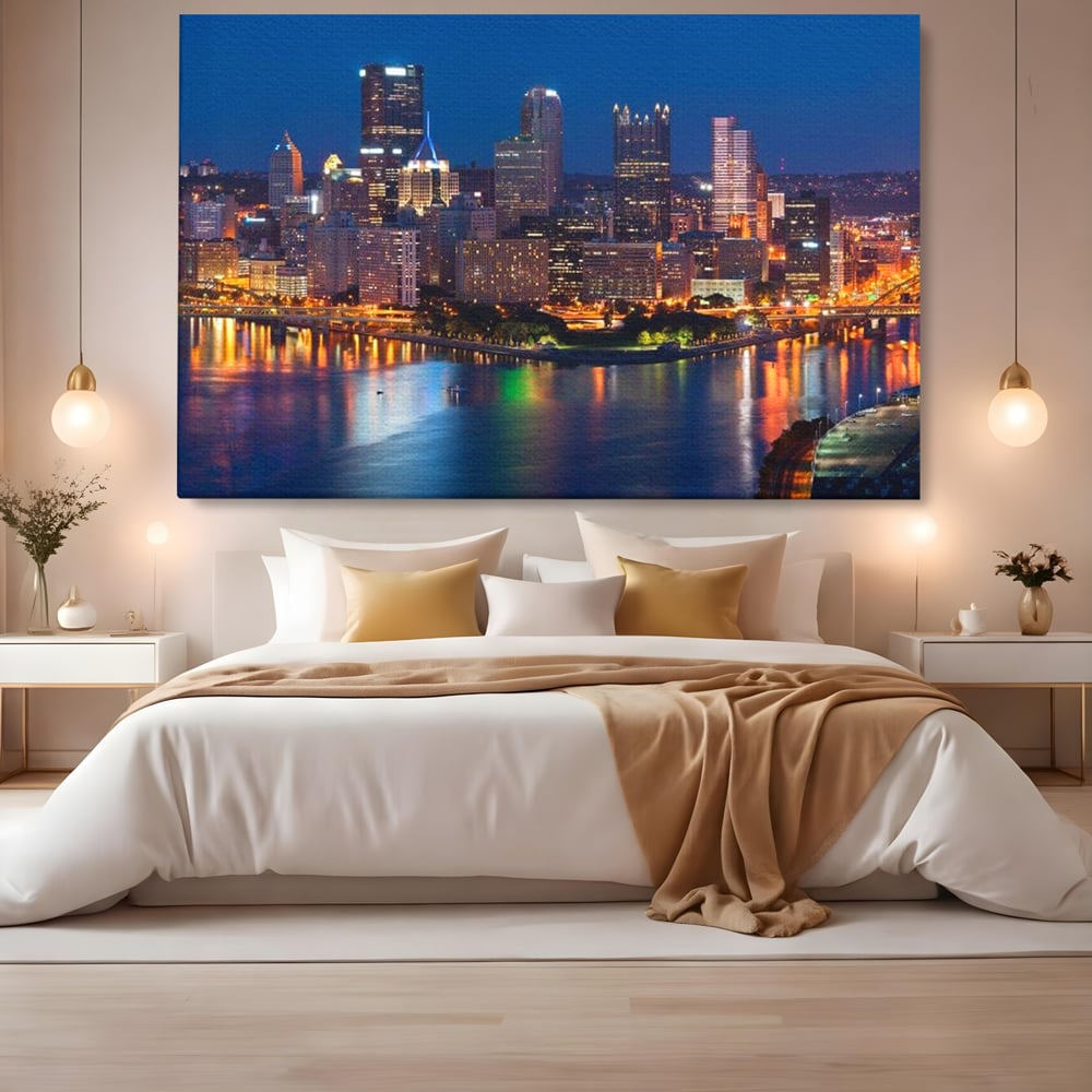 Tablou canvas cu tablou canvas cu peisaj nocturn urban, fara rama, pe sasiu de lemn, pe perete intr-un dormitor